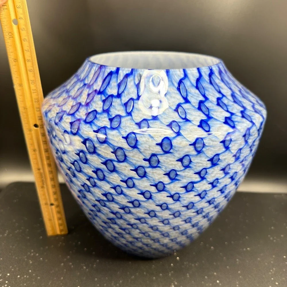 Positano Italy Blue White Art Glass Vase 9 Inch Tapered Honeycomb Pattern Vessel